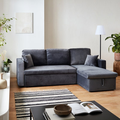 Sweeek - 3-Seater Reversible Corner Sofa Bed With Storage Ida Velvet Charcoal Grey 219X147X68 Cm - image 1