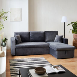 Sweeek - 3-Seater Reversible Corner Sofa Bed With Storage Ida Velvet Charcoal Grey 219X147X68 Cm - thumbnail 1