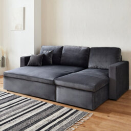 Sweeek - 3-Seater Reversible Corner Sofa Bed With Storage Ida Velvet Charcoal Grey 219X147X68 Cm - thumbnail 2