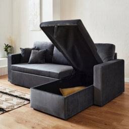 Sweeek - 3-Seater Reversible Corner Sofa Bed With Storage Ida Velvet Charcoal Grey 219X147X68 Cm - thumbnail 3