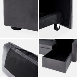 Sweeek - 3-Seater Reversible Corner Sofa Bed With Storage Ida Velvet Charcoal Grey 219X147X68 Cm - thumbnail 6
