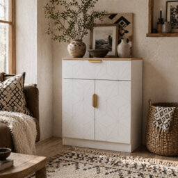 Wyld Haus Rilosa White Geometric Sideboard With Natural Top, Drawer And 2 Doors 60L X 32D X 82H Cm - thumbnail 1