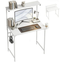 Computer Desk, 80Cm Home Office Study Table With Hutch Shelf, White - thumbnail 1