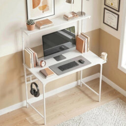Computer Desk, 80Cm Home Office Study Table With Hutch Shelf, White - thumbnail 4