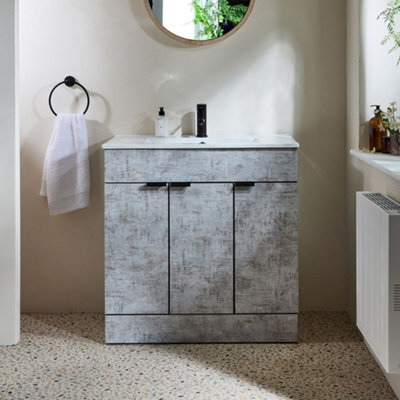Homestylestore 810mm Concrete Grey Floorstanding Bathroom Vanity Unit And Black Finger Pull Handle - image 1