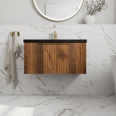 Affine Fluted 800mm Bathroom Vanity Unit Basin Wall Hung Cupboard Soft Close Walnut