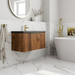 Affine Fluted 800mm Bathroom Vanity Unit Basin Wall Hung Cupboard Soft Close Walnut - thumbnail 2