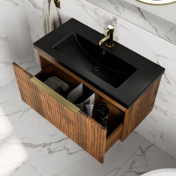 Affine Fluted 800mm Bathroom Vanity Unit Basin Wall Hung Cupboard Soft Close Walnut - thumbnail 3