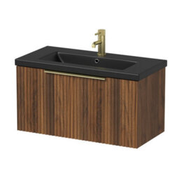 Affine Fluted 800mm Bathroom Vanity Unit Basin Wall Hung Cupboard Soft Close Walnut - thumbnail 4