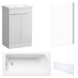 FNX Bathrooms Waterproof 600mm Vanity Unit With Single Ended Bath, Gloss White Front Panel & Chrome Profile Bath Screen - thumbnail 1