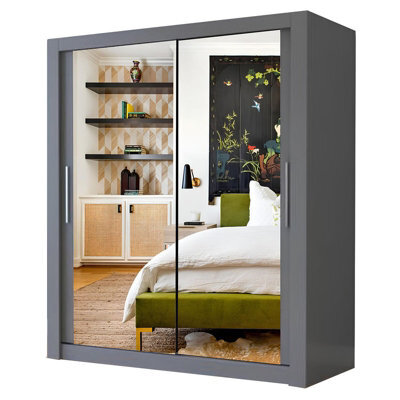 Ie Milan Sliding Mirror Door Wardrobe With Drawers & Shelves - Modern Bedroom Wardrobe, Grey, (180 Cm X 216Cm ) - image 1