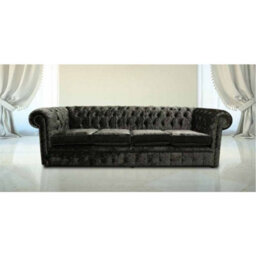 Chesterfield 4 Seater Sofa Settee Senso Ebony Black Velvet Fabric In Classic Style - thumbnail 1