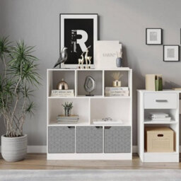 Urbn-Living Urbnliving Asymmetrical 8 Cube White Bookcase Freestanding Storage Unit With 3 Geo Design Doors - Grey - thumbnail 4