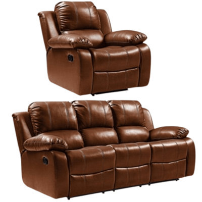 Furniture Instore Valencia Tan Leather Manual Recliner 3+1 Seater Sofa Set - image 1
