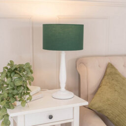Valuelights Victoria Traditional White Wood Candlestick Table Lamp With Forest Green Drum Shade - Led Bulb Included