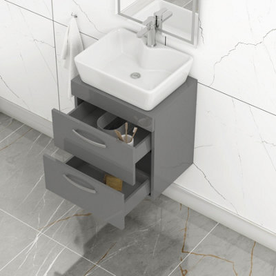 Royal Bathrooms 500mm Wall Hung Vanity Unit 2 Drawer Indigo Grey Gloss & Cube Countertop Basin - image 1