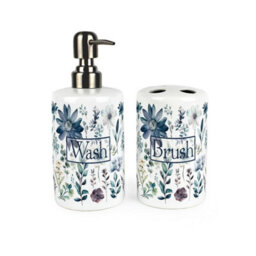 Purely Home Floral Blue Bathroom Set - Refillable Ceramic Soap Dispenser & Toothbrush Holder
