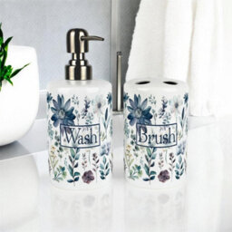 Purely Home Floral Blue Bathroom Set - Refillable Ceramic Soap Dispenser & Toothbrush Holder - thumbnail 2