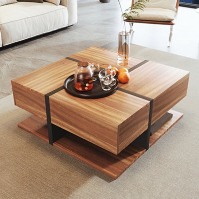 Matteo Modern Square Coffee Table With 4 Drawers And Storage Shelf - Black & Natural - image 1