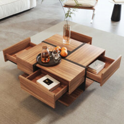 Matteo Modern Square Coffee Table With 4 Drawers And Storage Shelf - Black & Natural - thumbnail 2