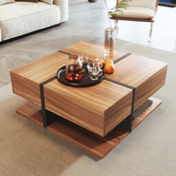 Matteo Modern Square Coffee Table With 4 Drawers And Storage Shelf - Black & Natural - thumbnail 1