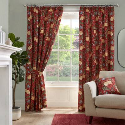 Dreams & Drapes Sandringham 100% Cotton Pair Of Red Pencil Pleat Curtains With Tie-Backs - image 1