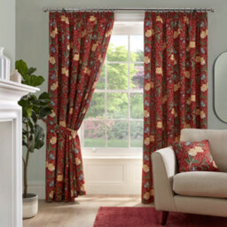 Dreams & Drapes Sandringham 100% Cotton Pair Of Red Pencil Pleat Curtains With Tie-Backs - thumbnail 1