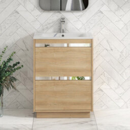Royal Bathrooms Orion 600mm Natural Oak 2 Drawer Floor Standing Vanity Unit With Carrara White Basin & Chrome Accent Trim
