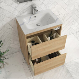 Royal Bathrooms Orion 600mm Natural Oak 2 Drawer Floor Standing Vanity Unit With Carrara White Basin & Chrome Accent Trim - thumbnail 4