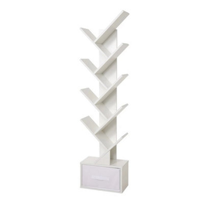 White With Drawer Wooden Bookshelf Display Bookcase Tree Shaped Storage Rack - image 1