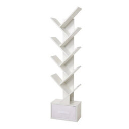 White With Drawer Wooden Bookshelf Display Bookcase Tree Shaped Storage Rack - thumbnail 1