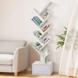 White With Drawer Wooden Bookshelf Display Bookcase Tree Shaped Storage Rack - thumbnail 6