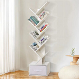 White With Drawer Wooden Bookshelf Display Bookcase Tree Shaped Storage Rack - thumbnail 3