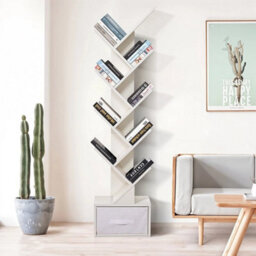 White With Drawer Wooden Bookshelf Display Bookcase Tree Shaped Storage Rack - thumbnail 5