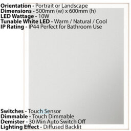 500 X 600mm Ip44 Led Bathroom Mirror With Demister And Tunable White Light - thumbnail 2