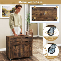 Gainoom 4 Drawer Dresser Chest Brown Mobile Storage Cabinet With Doors & Universal Wheels - thumbnail 7