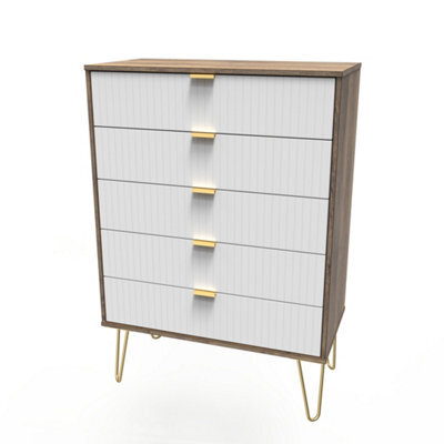 Moderna Ready Assembled Matt White Dark Oak Effect 5 Drawer Wide Chest (H)1075mm (W)765mm (D)415mm - image 1