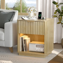 Smart Nightstand With Led Lights & Charging Station, Bedside Table Grey&set Of 2 - thumbnail 5