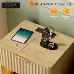 Smart Nightstand With Led Lights & Charging Station, Bedside Table Grey&set Of 2 - thumbnail 3