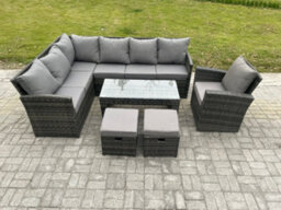 Fimous 9 Seater Outdoor Rattan Garden Furniture Set Corner Sofa Oblong Coffee Table Sets With Patio 2 Small Footstools Armchair - thumbnail 2