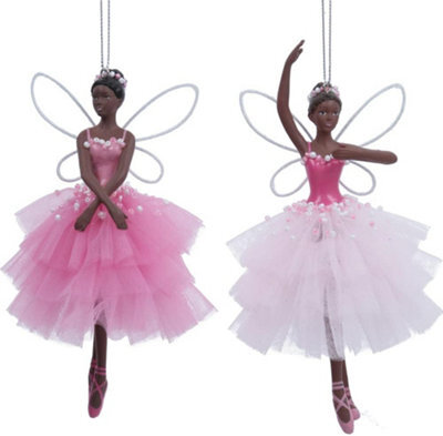 Gisela Graham Christmas Set Of 2 Pink Fairy Hanging Tree Decorations With Silver Twine, 15 X 7 Cm Each