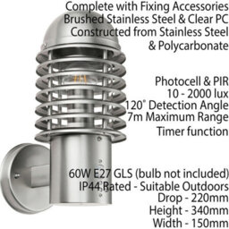 Ip44 Outdoor Wall Lamp Brushed Steel Caged Slotted Lantern Pir Move Porch Light - thumbnail 2