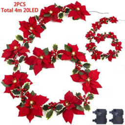 Amorly 2Pcs Lighted Christmas Poinsettia Garland, Artificial Red Flower Garland With Red Berries, Battery Powered Xmas Decor For Mantel - thumbnail 1