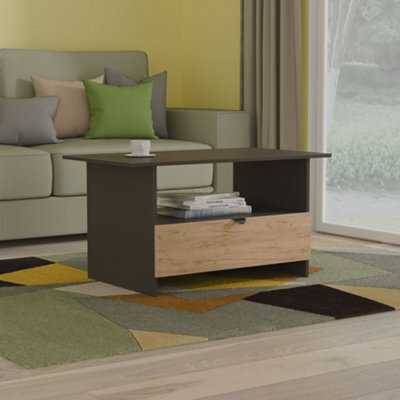 Varese Matt Graphite Oak Effect 1 Drawer Non-Extendable Coffee Table (H)495mm (W)930mm (D)530mm - image 1