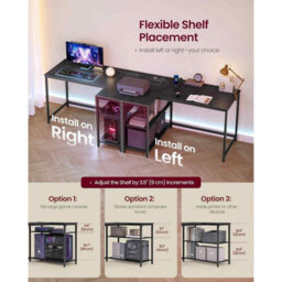 Corner Gaming Desk With Power Outlets, L-Shaped Computer Desk, Reversible Storage Shelves, Ebony Black - thumbnail 5