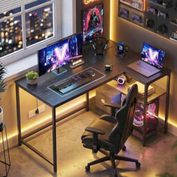 Corner Gaming Desk With Power Outlets, L-Shaped Computer Desk, Reversible Storage Shelves, Ebony Black