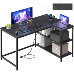 Corner Gaming Desk With Power Outlets, L-Shaped Computer Desk, Reversible Storage Shelves, Ebony Black - thumbnail 7