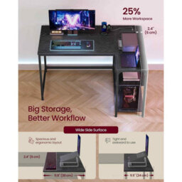 Corner Gaming Desk With Power Outlets, L-Shaped Computer Desk, Reversible Storage Shelves, Ebony Black - thumbnail 3