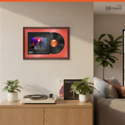 "AK Frames 25X17"" Rose Wood Modern Vinyl Record Frame With Poppy Red Mount For 12 Inch Lp Cover & Disc - Overlapped Design" - thumbnail 5