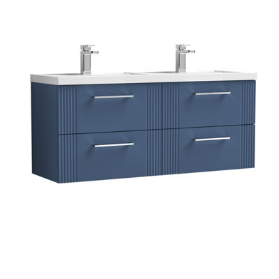 Balterley Belvide Partial Fluted 4 Drawer Wall Hung Vanity Unit With Double Polymarble Basin - 1200mm - Satin Blue - image 1